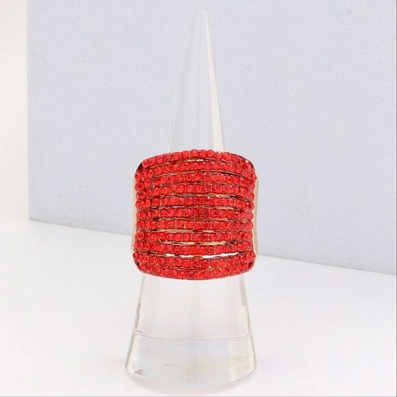 Red Rhinestone Crystal Fashion Ring Pave Cocktail Fashion Jewelry Accessory - Picture 1 of 3